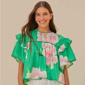 FARM RIO Green Floral Vibing Blouse
